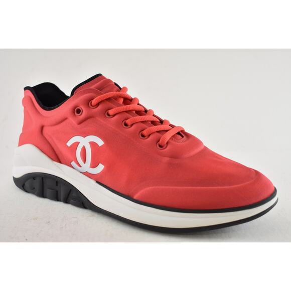 Chanel Mens 19P Red Lycra White Black CC Logo Lace Low Top Trainer Sneaker 43 10 - Picture 4 of 12